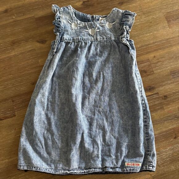 Hudson Girls Blue Chambray Midi Dress Embroidered Floral Size 5 Ruffled Sleeves - Picture 1 of 6